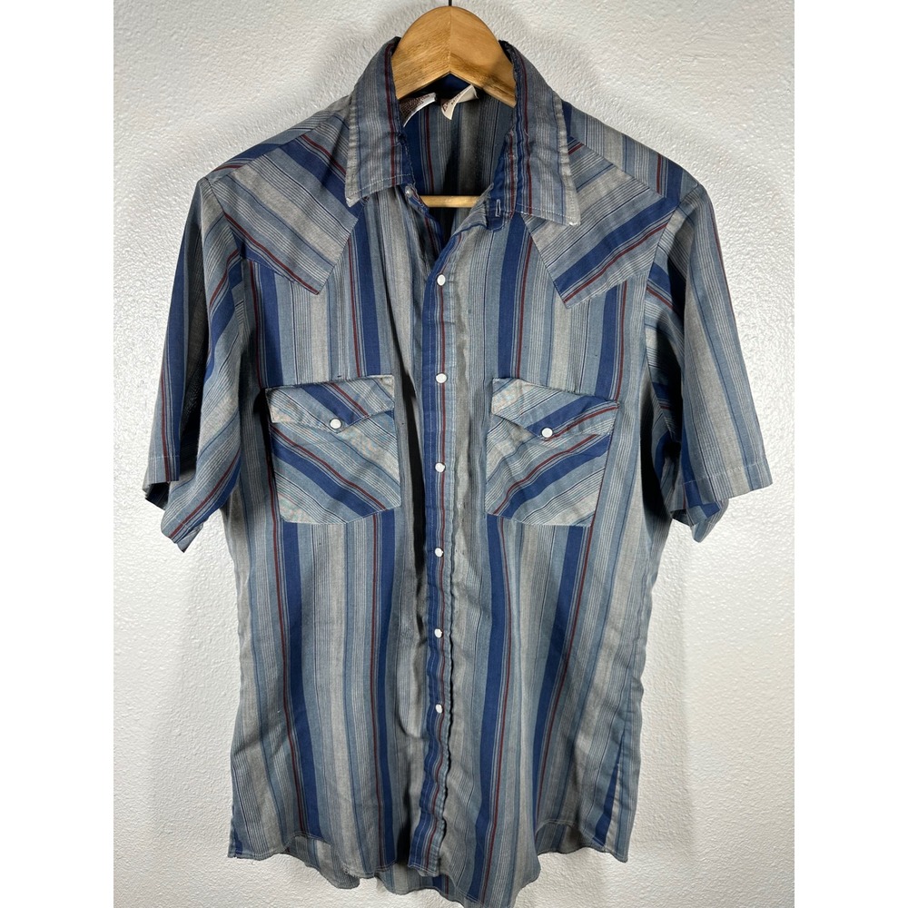Western Frontier Shirt Womens M Blue Striped Western Snap Short Sleeve Vintage